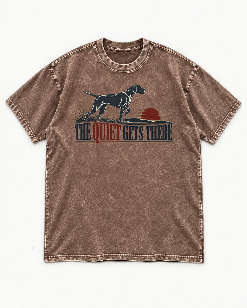 The Quiet Gets There German Shorthaired Pointer Washed Tee in Coffee, flat lay product photo
