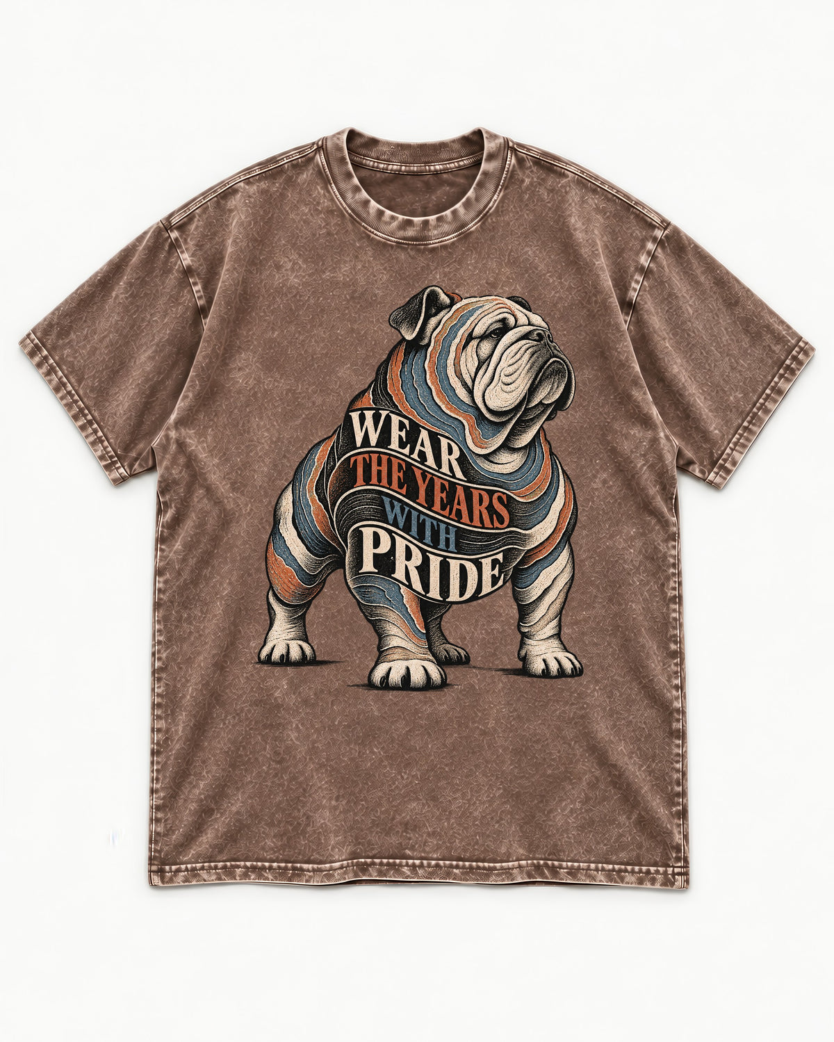 English Bulldog Wear the Years Washed Tee in Coffee, flat lay product photo