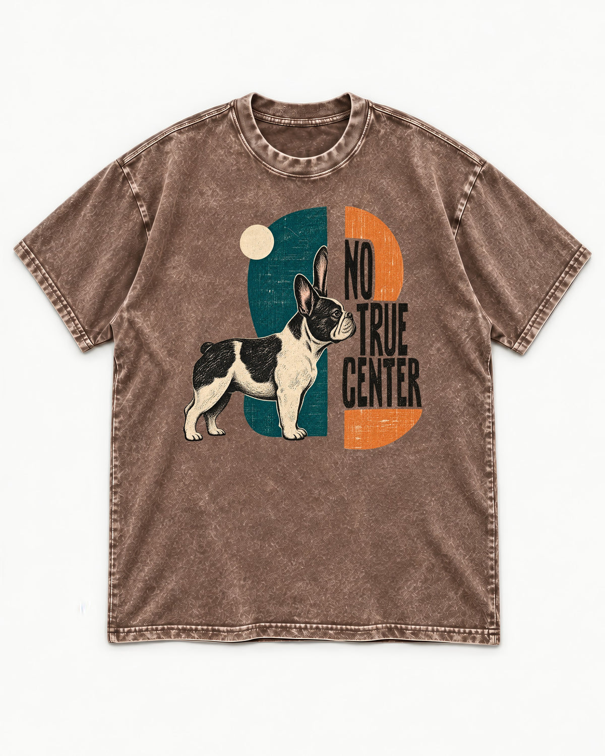 No True Center Frenchie Washed Tee in Coffee, flat lay product photo