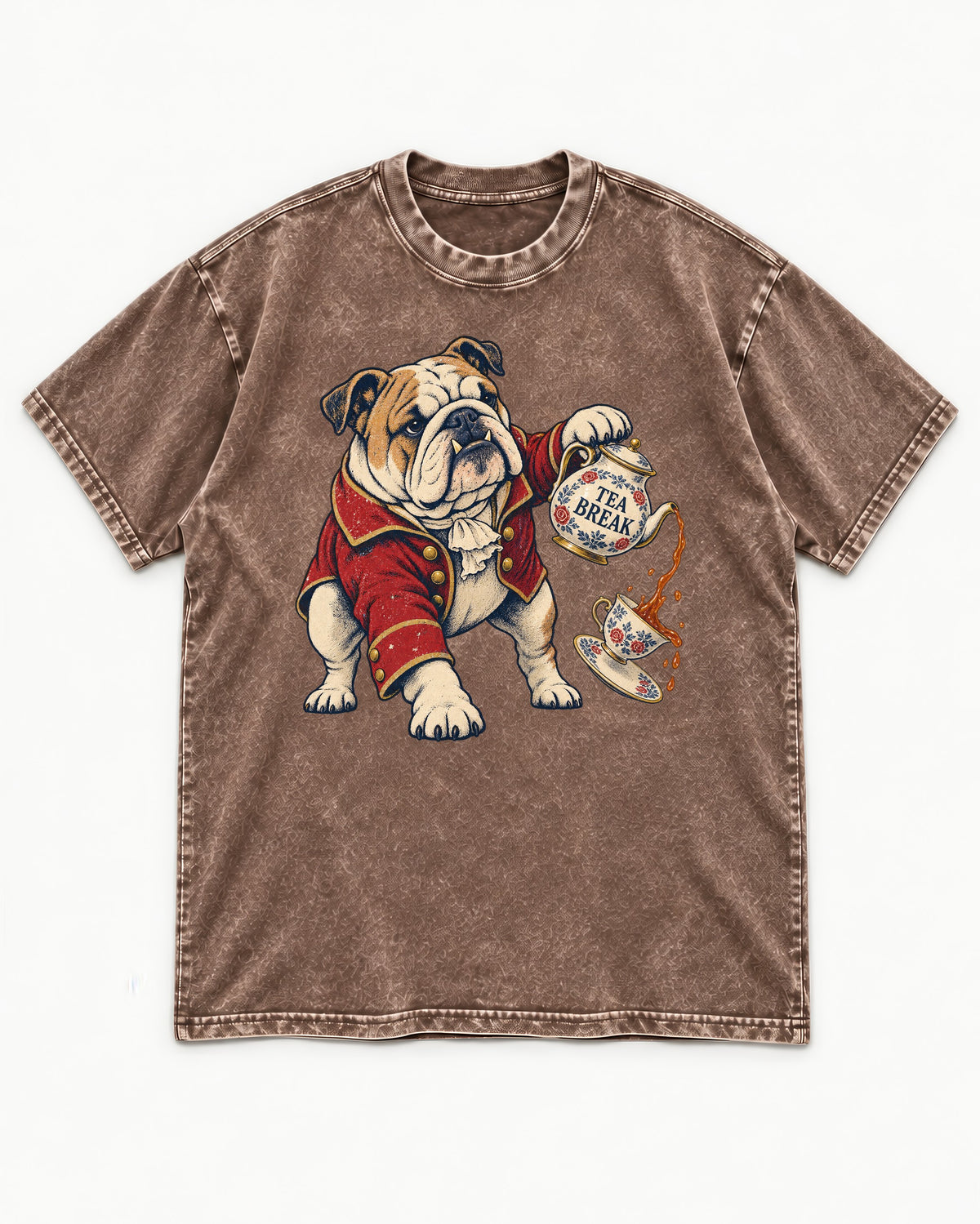 English Bulldog Tea Break Washed Tee in Coffee, flat lay product photo