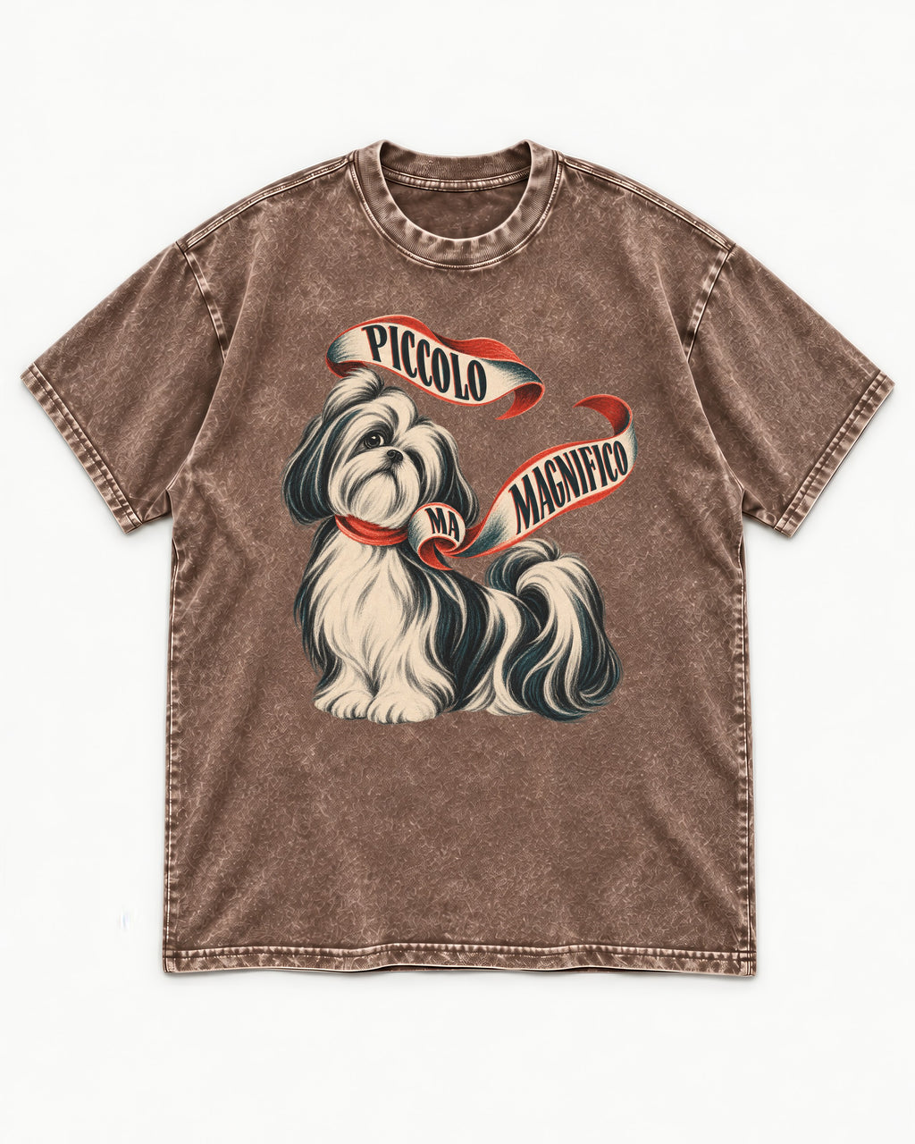 Piccolo Ma Magnifico Shih Tzu Washed Tee in Coffee, flat lay product photo