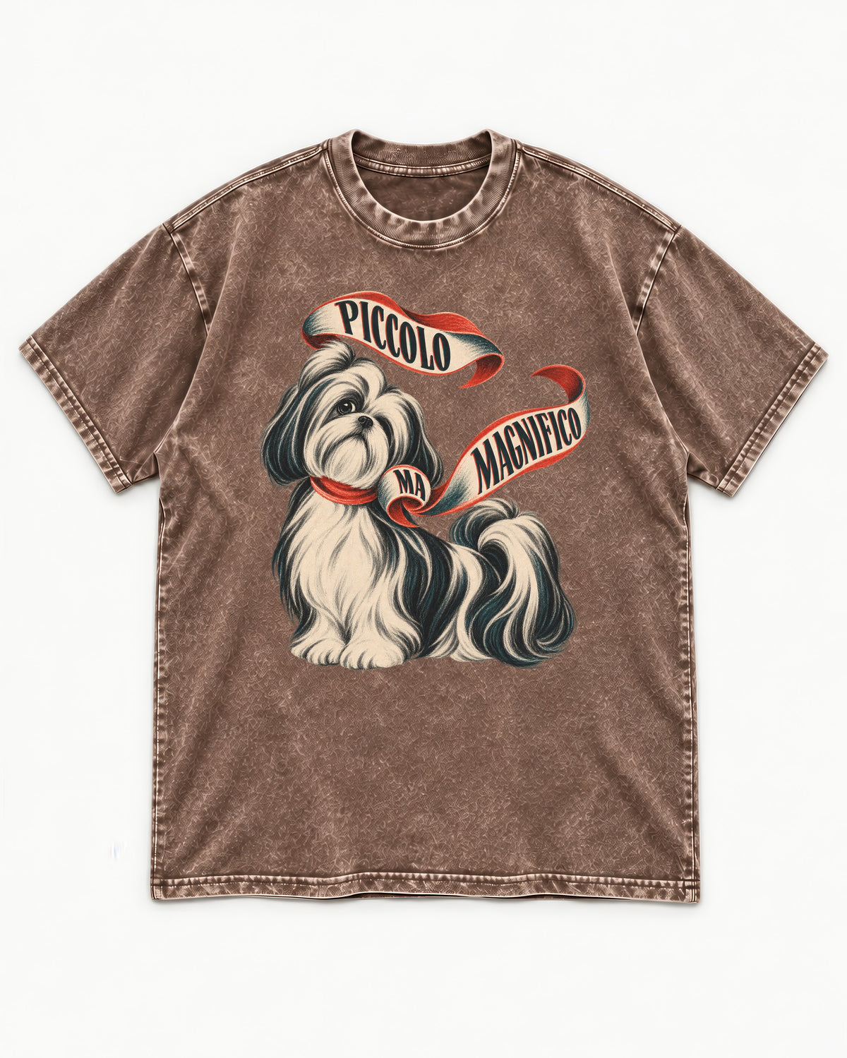 Piccolo Ma Magnifico Shih Tzu Washed Tee in Coffee, flat lay product photo