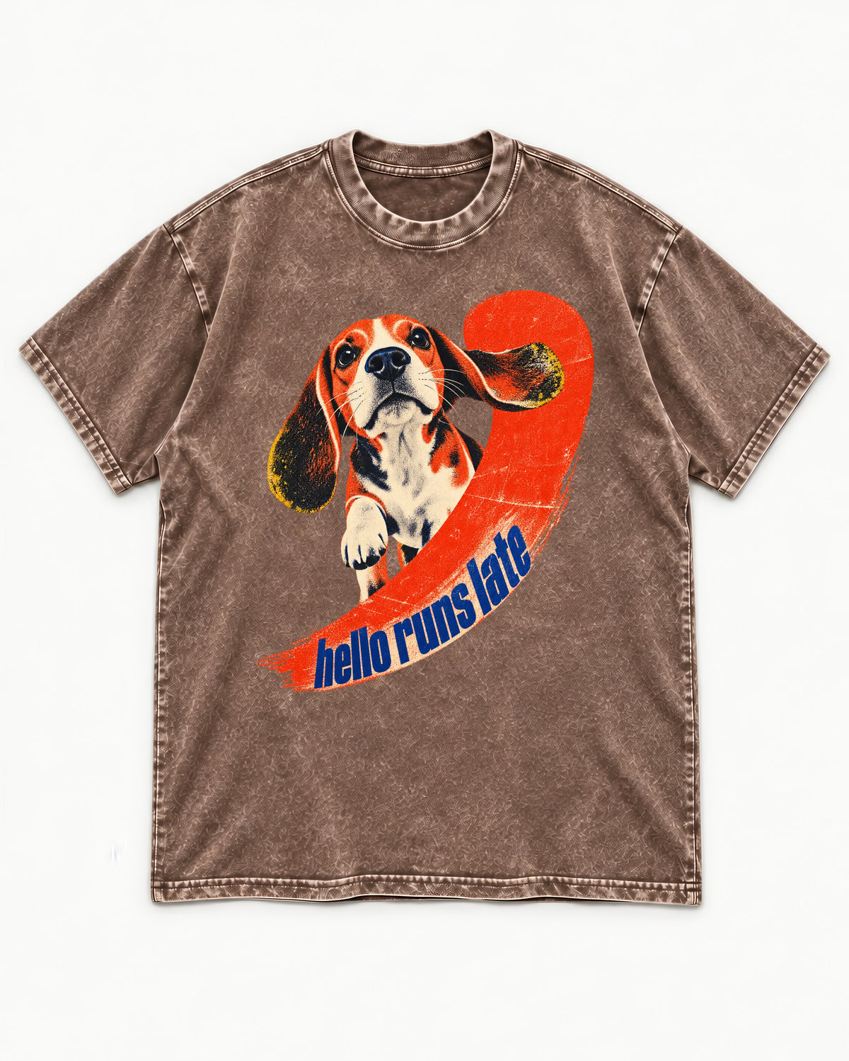 Hello Runs Late Beagle Ribbon Washed Tee in Coffee, flat lay product photo