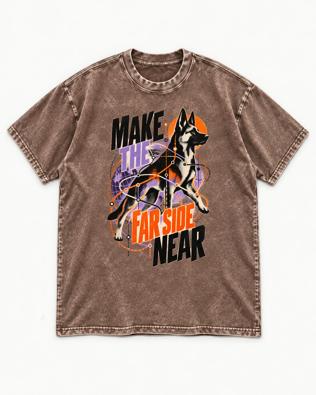 German Shepherd Dog Far Side Near Washed Tee in Coffee, flat lay product photo