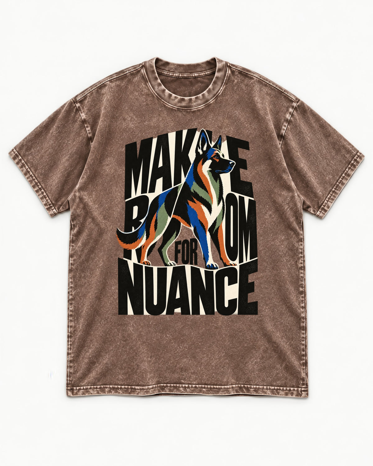 Make Room for Nuance German Shepherd Dog Washed Tee in Coffee, flat lay product photo