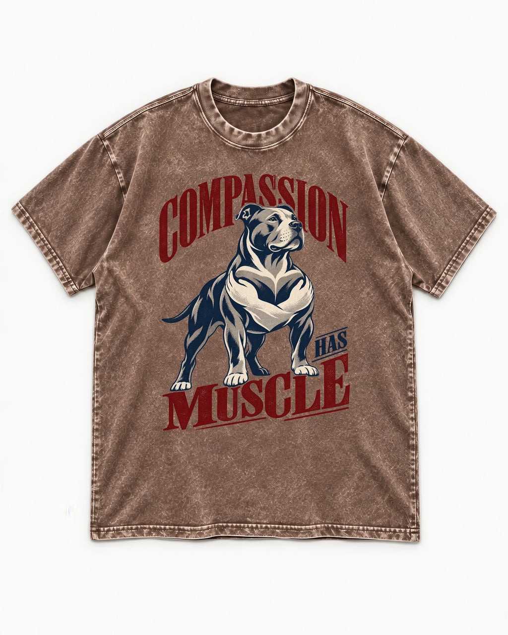 Pitbull Compassion Has Muscle Washed Tee in Coffee, flat lay product photo