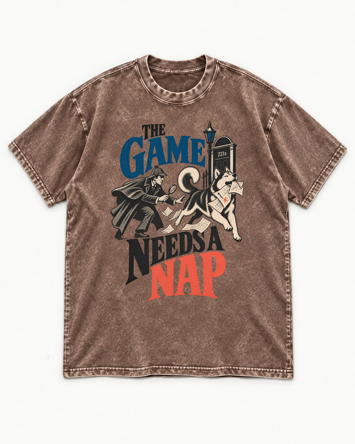 Husky Needs a Nap Washed Tee in Coffee, flat lay product photo
