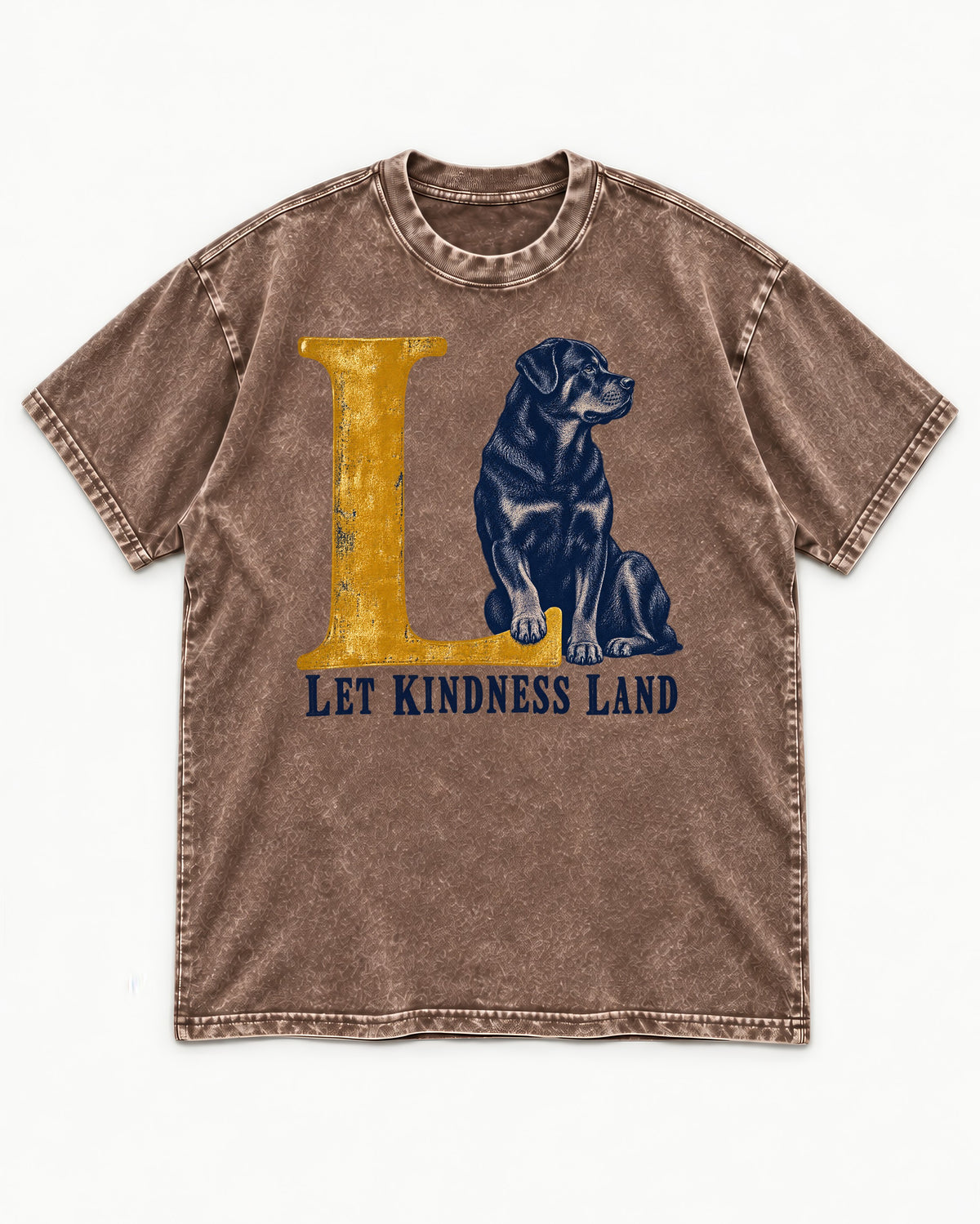 Let Kindness Lead Rottweiler Washed Tee in Coffee, flat lay product photo