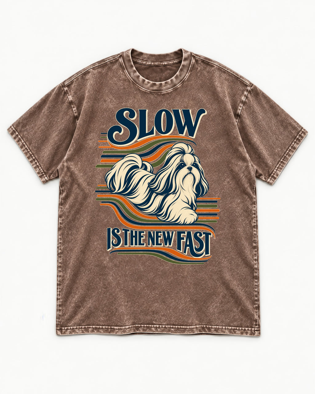Slow Is Fast Shih Tzu Washed Tee in Coffee, flat lay product photo
