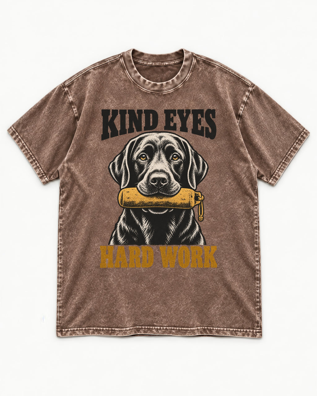 Kind Eyes Hard Work Labrador Retriever Washed Tee in Coffee, flat lay product photo