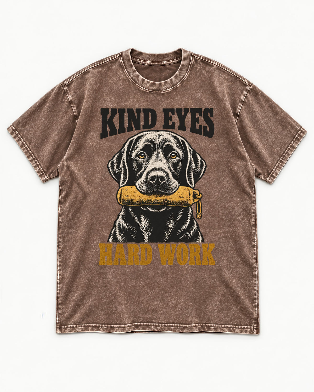Kind Eyes Hard Work Labrador Retriever Washed Tee in Coffee, flat lay product photo