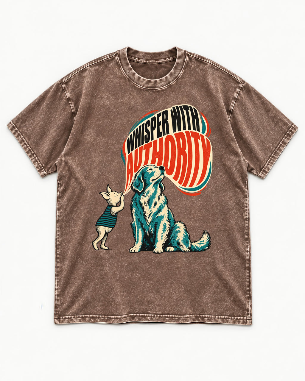 Golden Retriever Whisper with Authority Washed Tee in Coffee, flat lay product photo