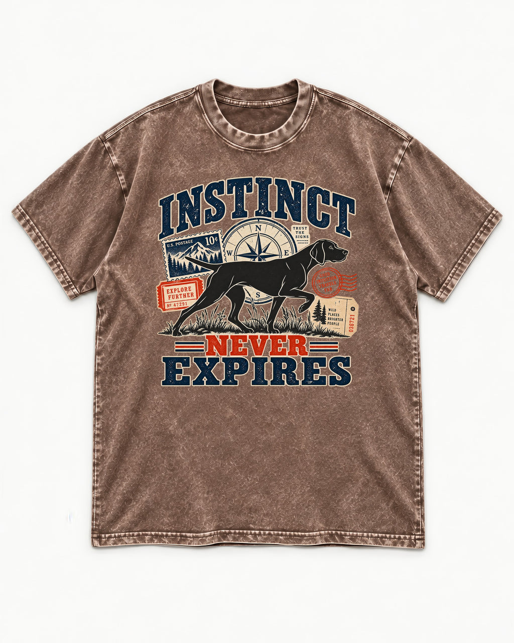 German Shorthaired Pointer Instinct Never Expires Washed Tee in Coffee, flat lay product photo
