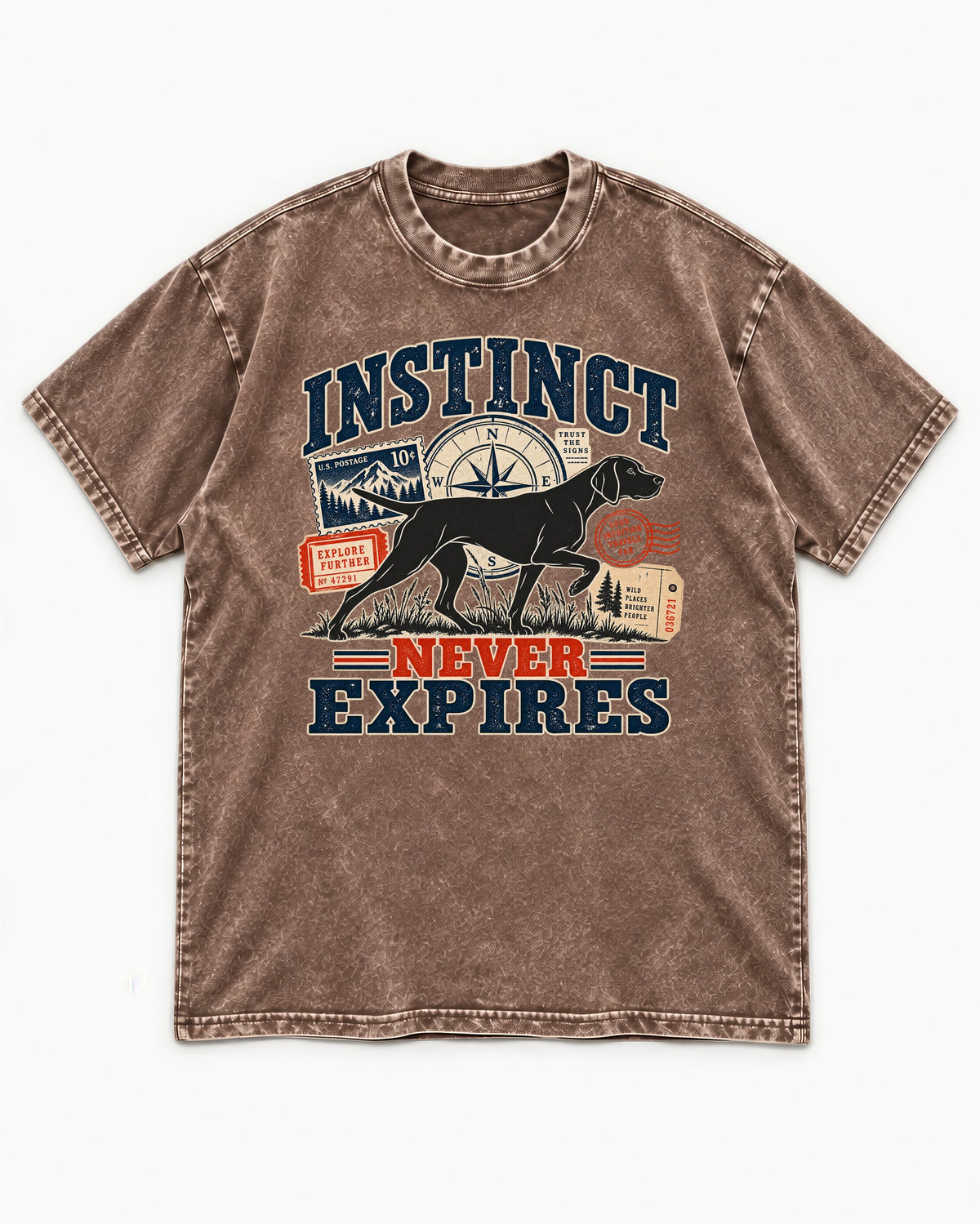 German Shorthaired Pointer Instinct Never Expires Washed Tee in Coffee, flat lay product photo