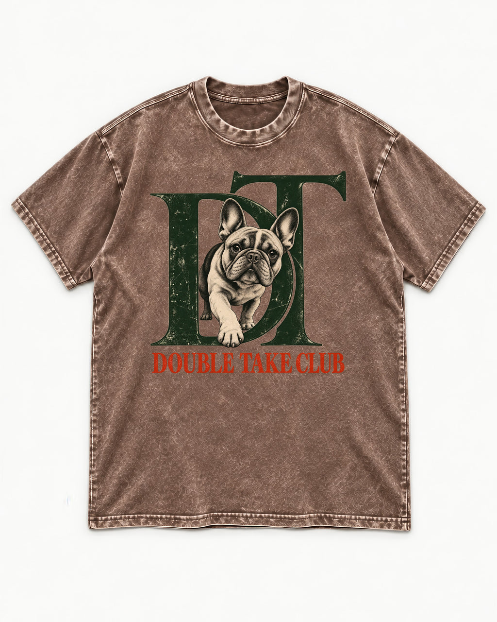 Frenchie Double Take Club Washed Tee in Coffee, flat lay product photo