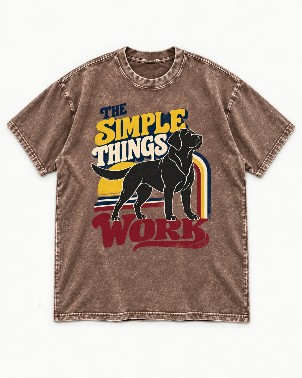 The Simple Things Work Labrador Retriever Washed Tee in Coffee, flat lay product photo