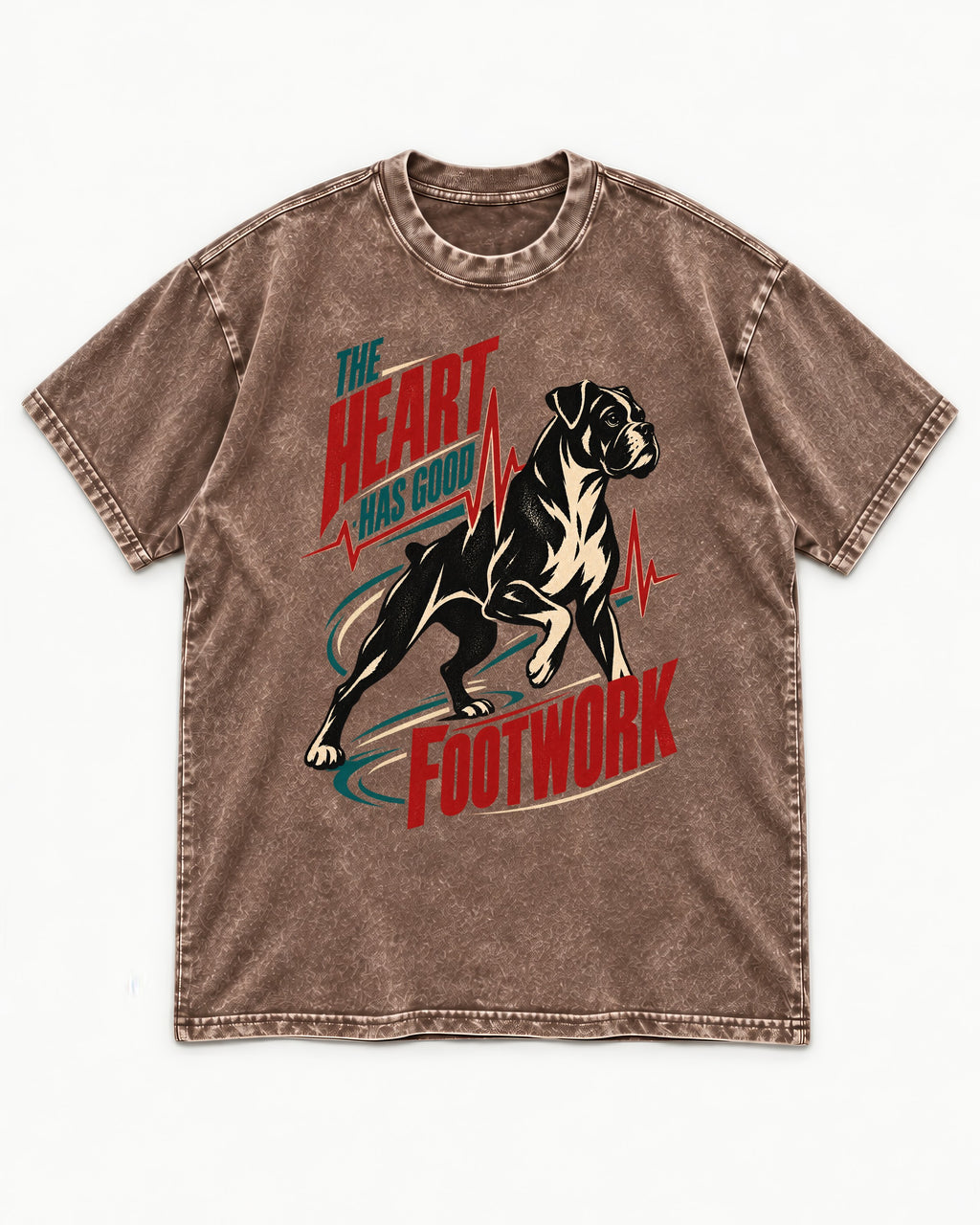 Boxer Heart Has Good Footwork Washed Tee in Coffee, flat lay product photo