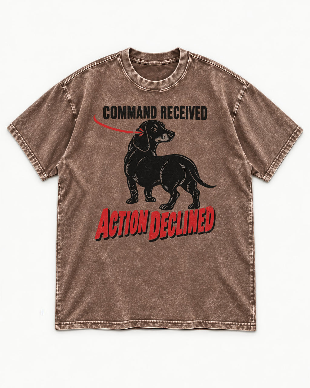 Dachshund Action Declined Washed Tee in Coffee, flat lay product photo