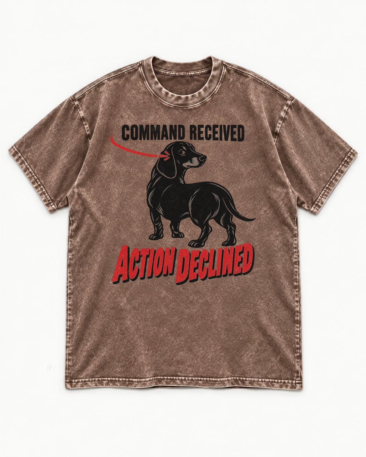 Dachshund Action Declined Washed Tee in Coffee, flat lay product photo