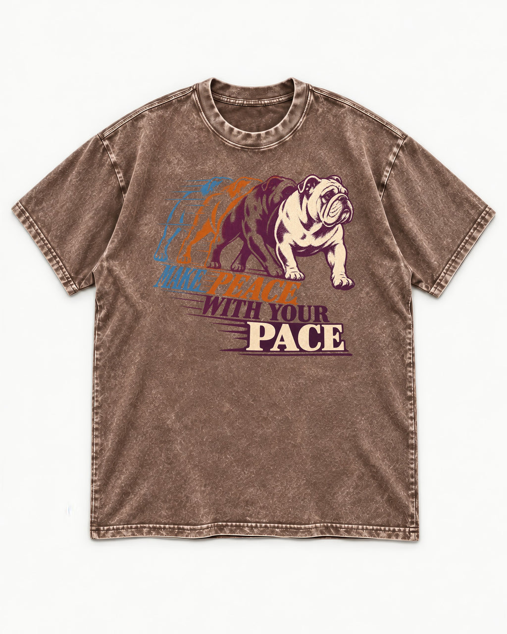 English Bulldog Peace with Your Pace Washed Tee in Coffee, flat lay product photo