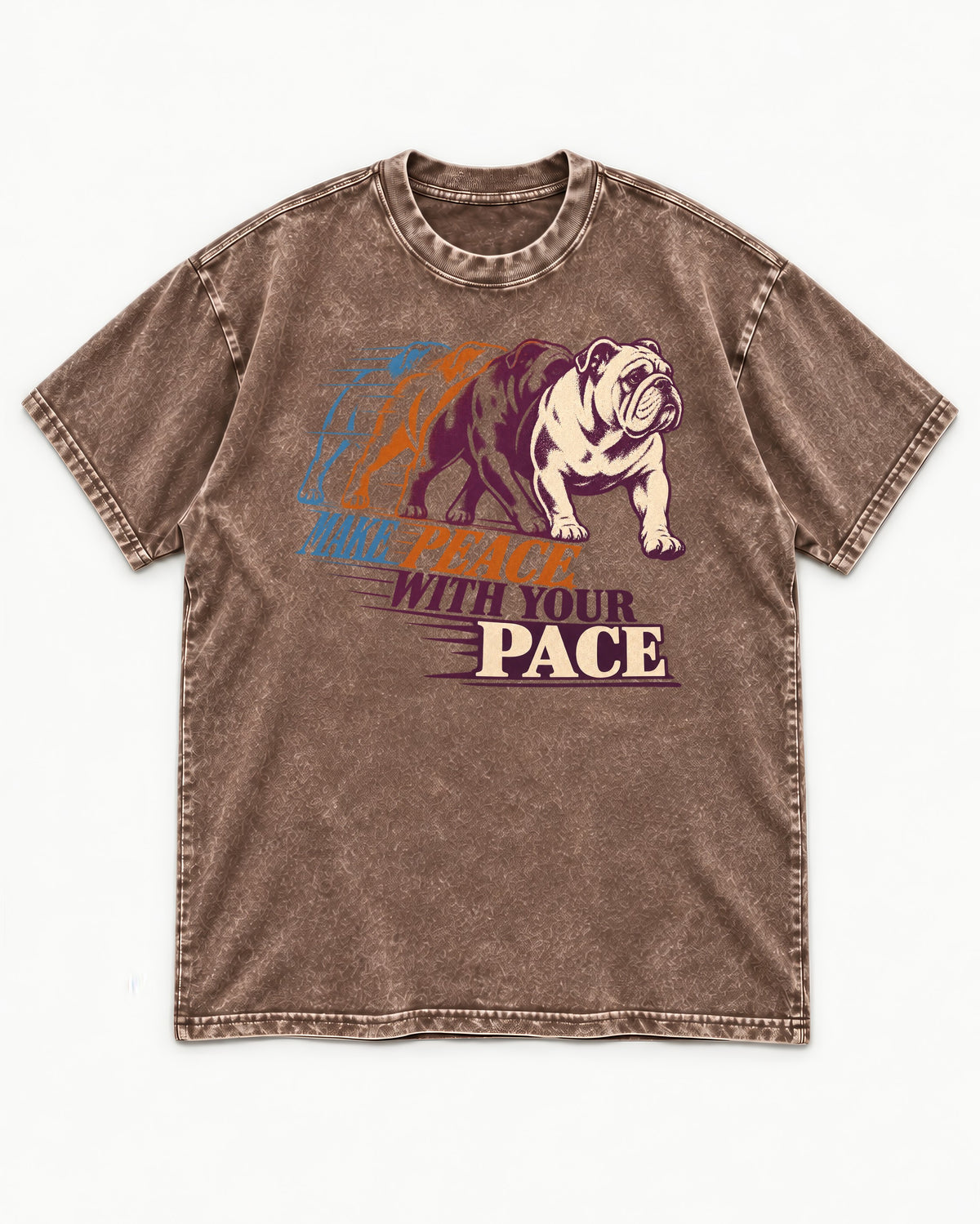 English Bulldog Peace with Your Pace Washed Tee in Coffee, flat lay product photo
