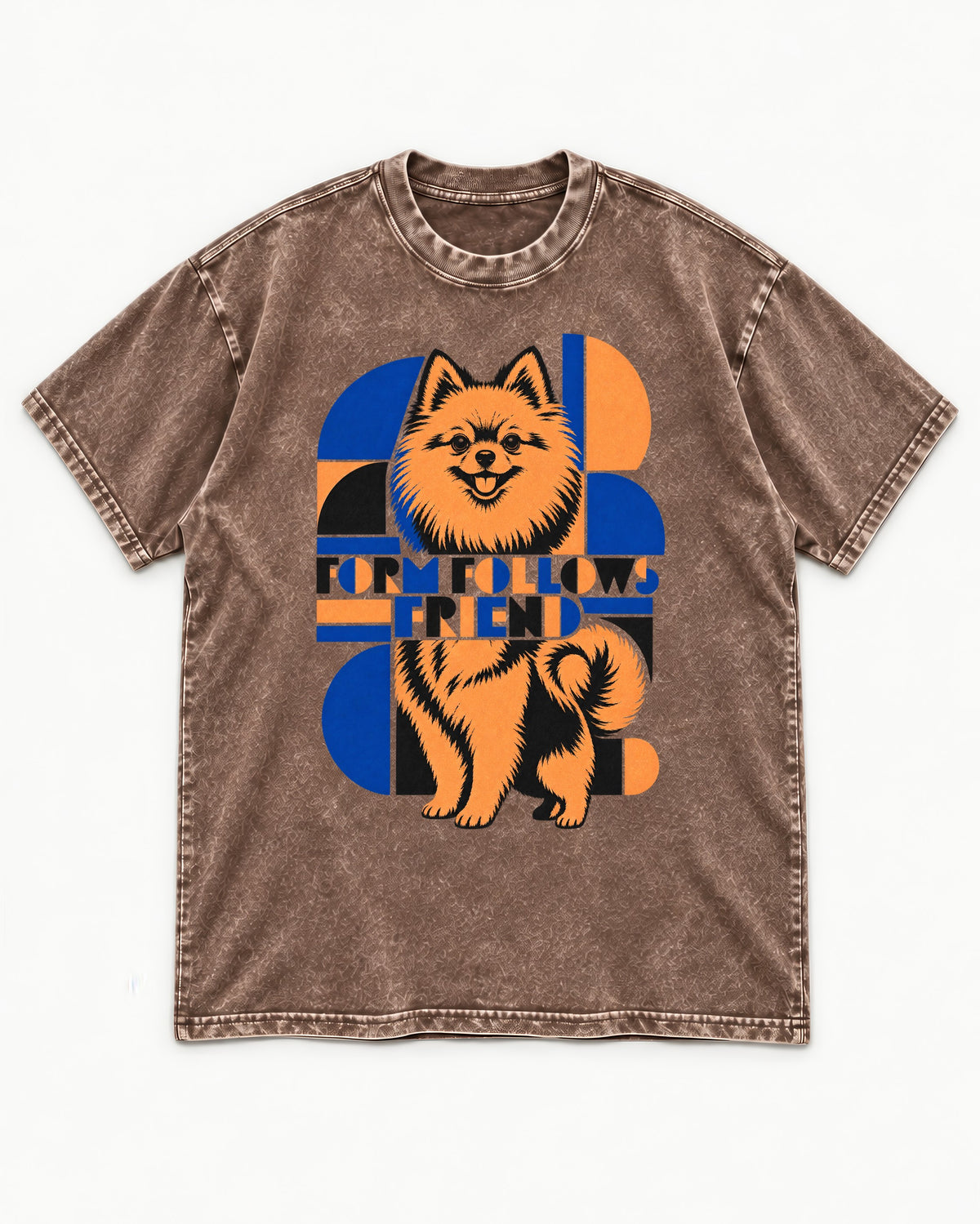 Form Follows Pomeranian Friend Washed Tee in Coffee, flat lay product photo