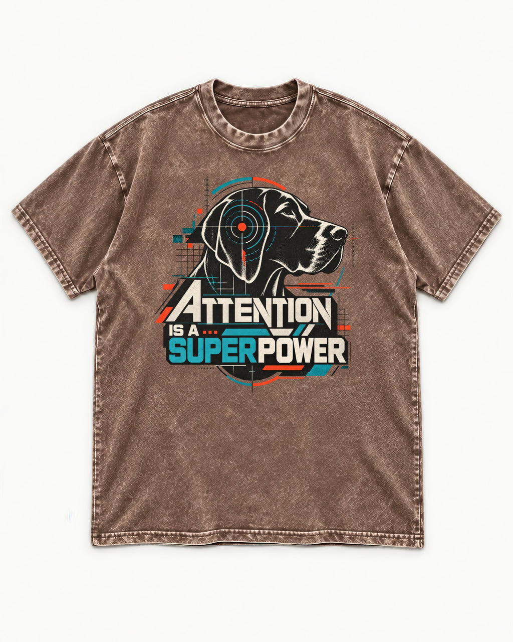 German Shorthaired Pointer Attention Is a Superpower Washed Tee in Coffee, flat lay product photo