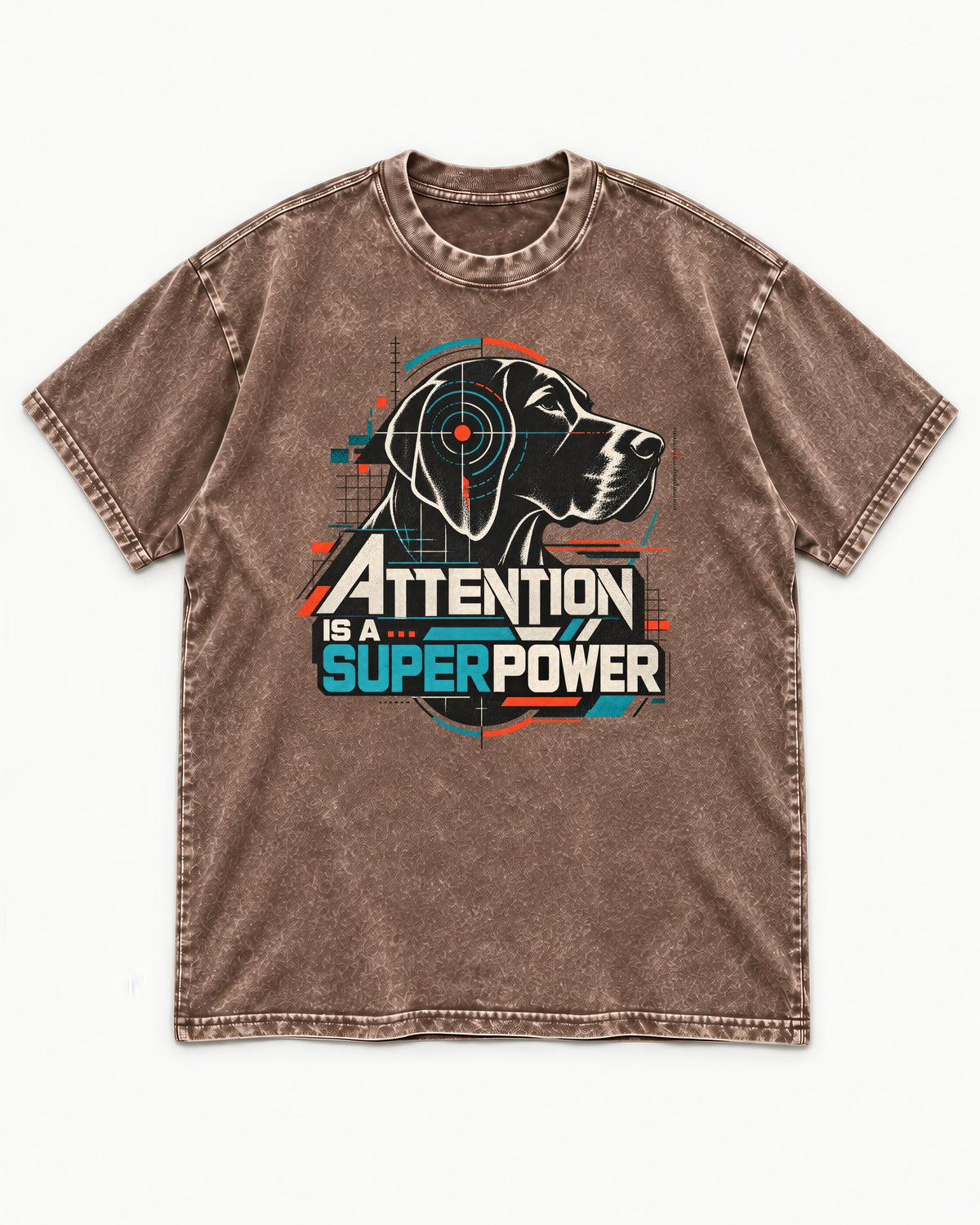 German Shorthaired Pointer Attention Is a Superpower Washed Tee in Coffee, flat lay product photo