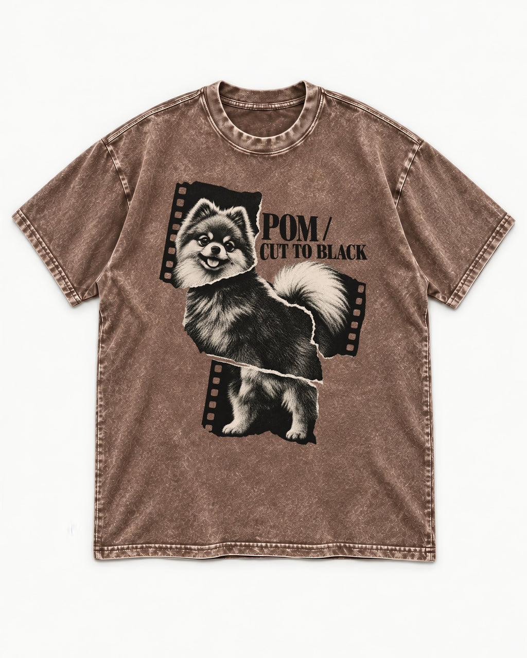 Pomeranian Cut to Black Washed Tee in Coffee, flat lay product photo