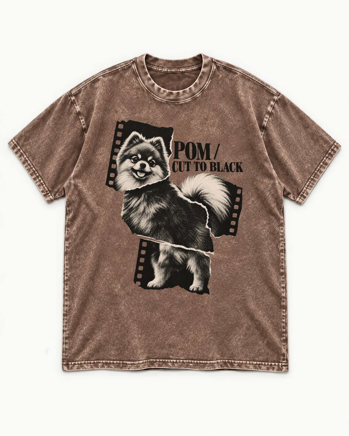 Pomeranian Cut to Black Washed Tee in Coffee, flat lay product photo