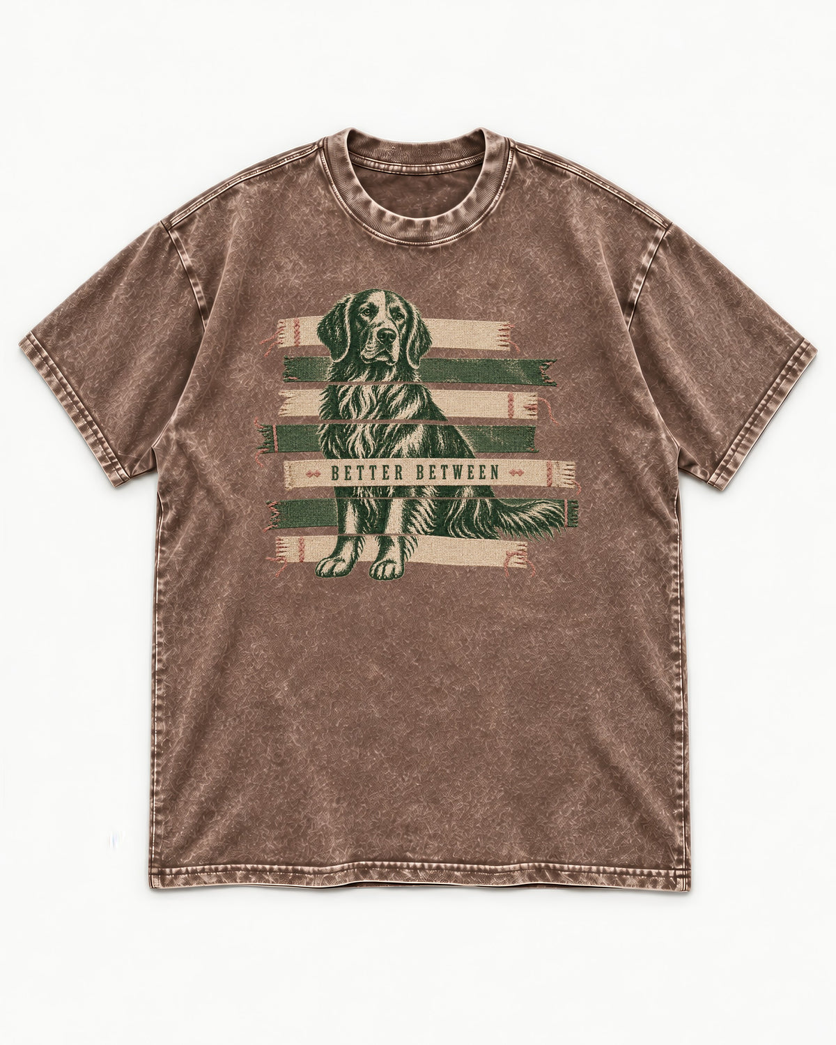 Golden Retriever Better Between Washed Tee in Coffee, flat lay product photo