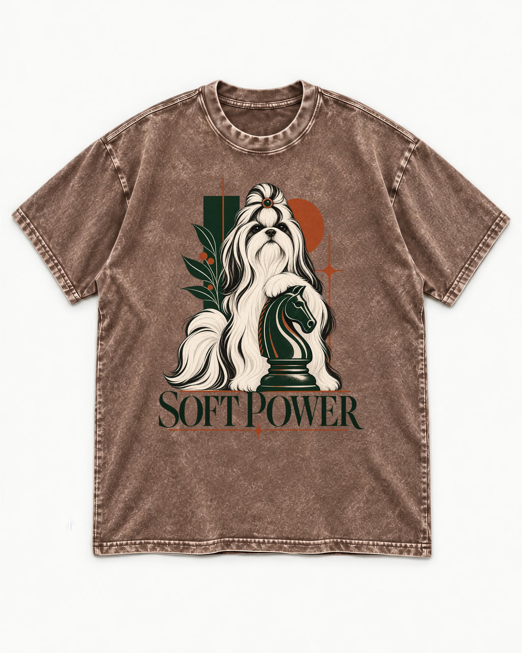 Soft Power Shih Tzu Washed Tee in Coffee, flat lay product photo