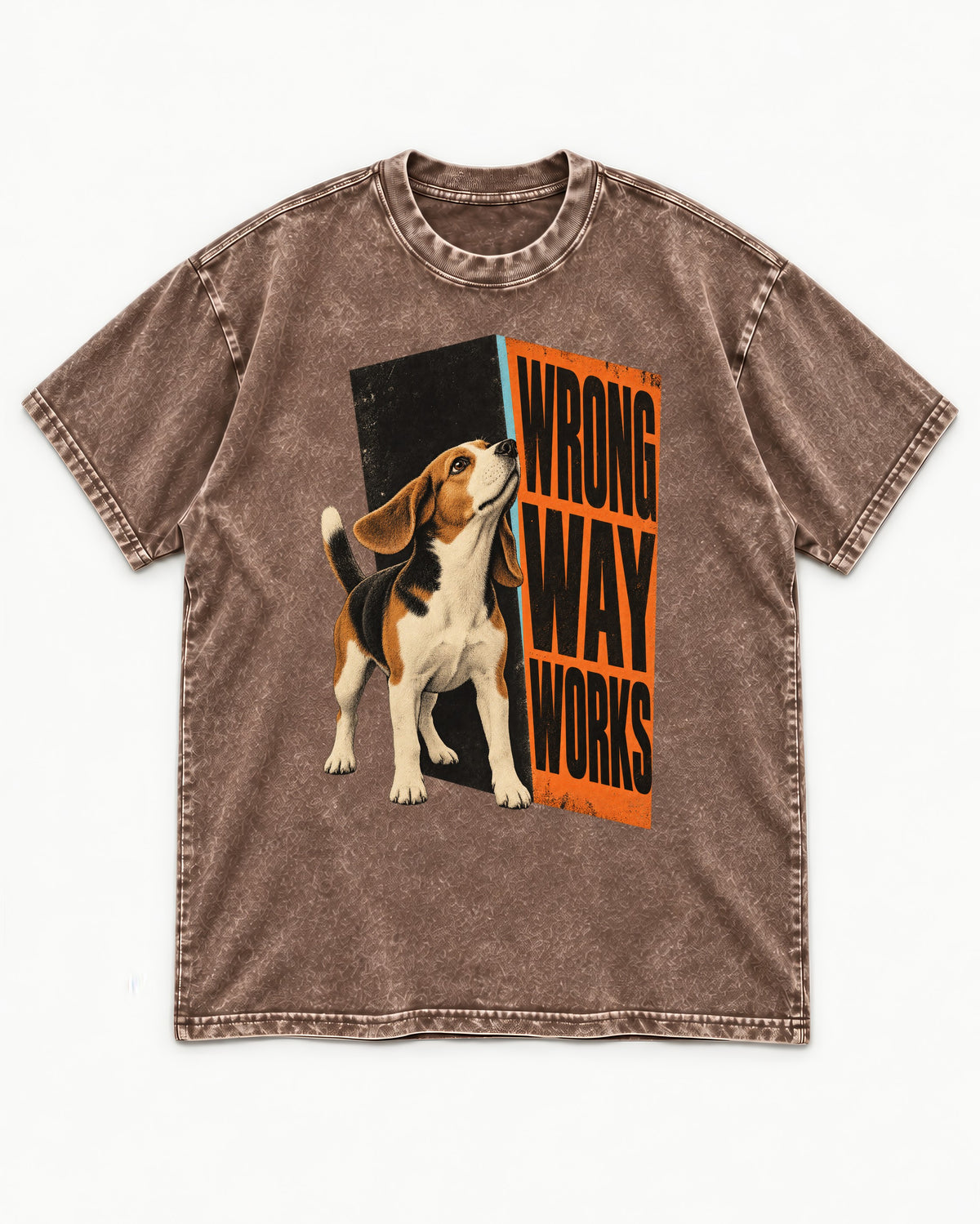 Beagle Wrong Way Works Washed Tee in Coffee, flat lay product photo