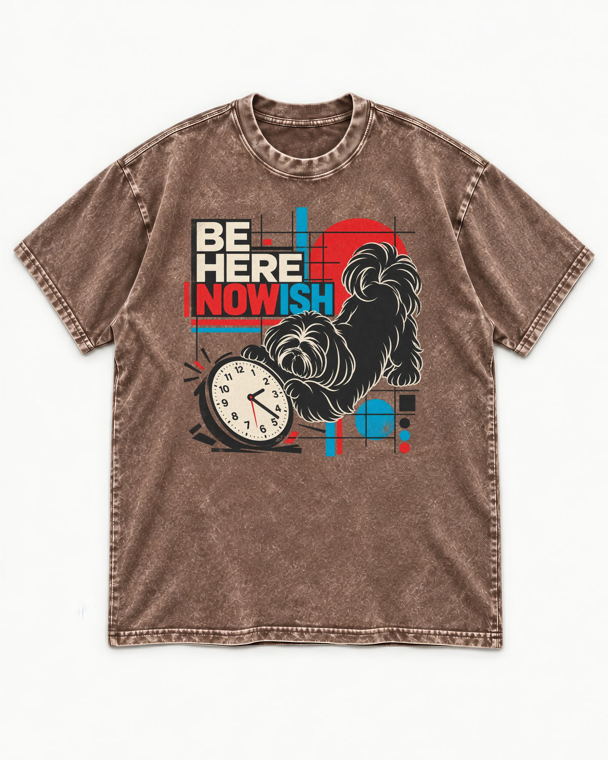 Be Here Nowish Shih Tzu Washed Tee in Coffee, flat lay product photo