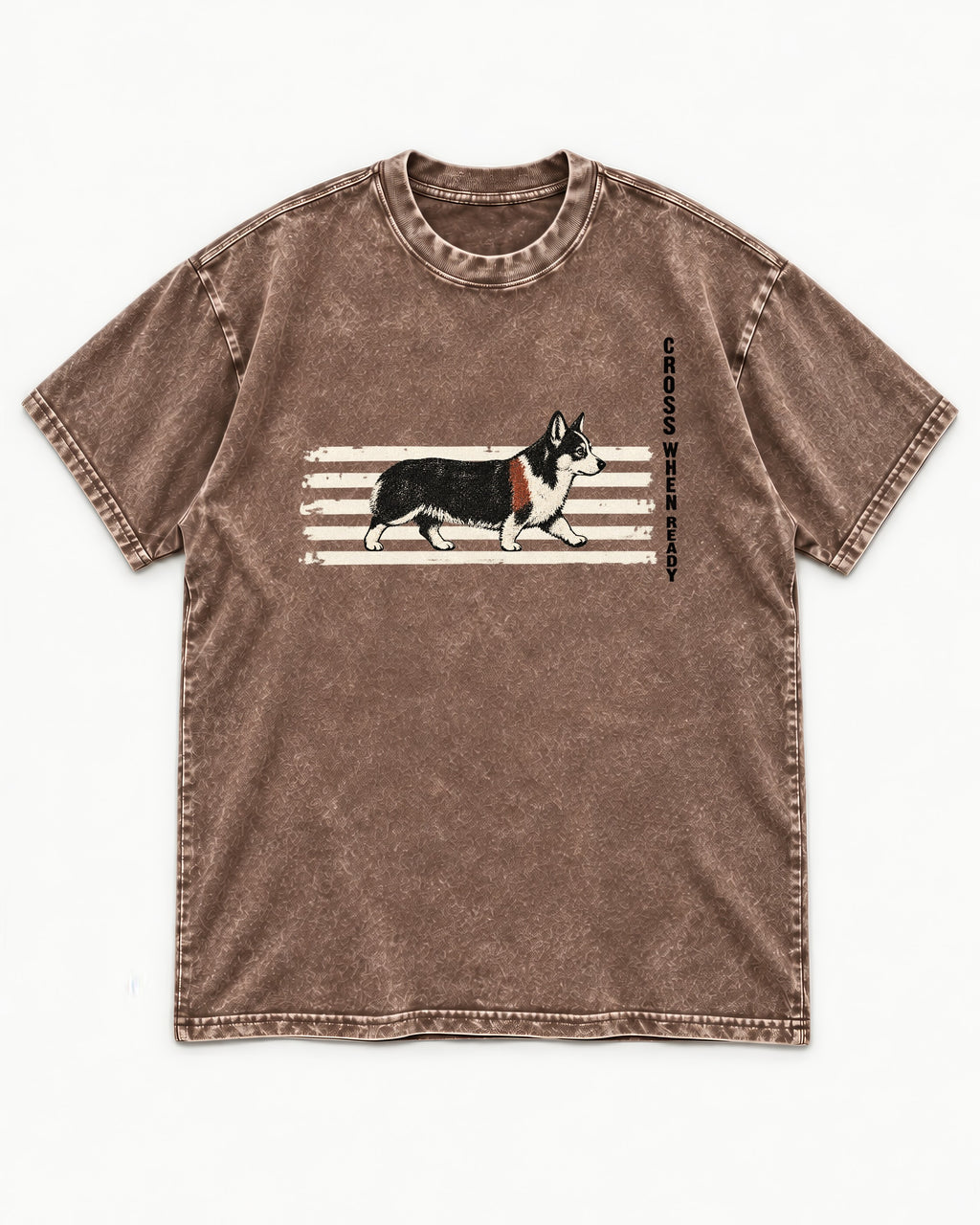 Corgi Cross When Ready Crossing Bars Graphic Washed Tee in Coffee, flat lay product photo