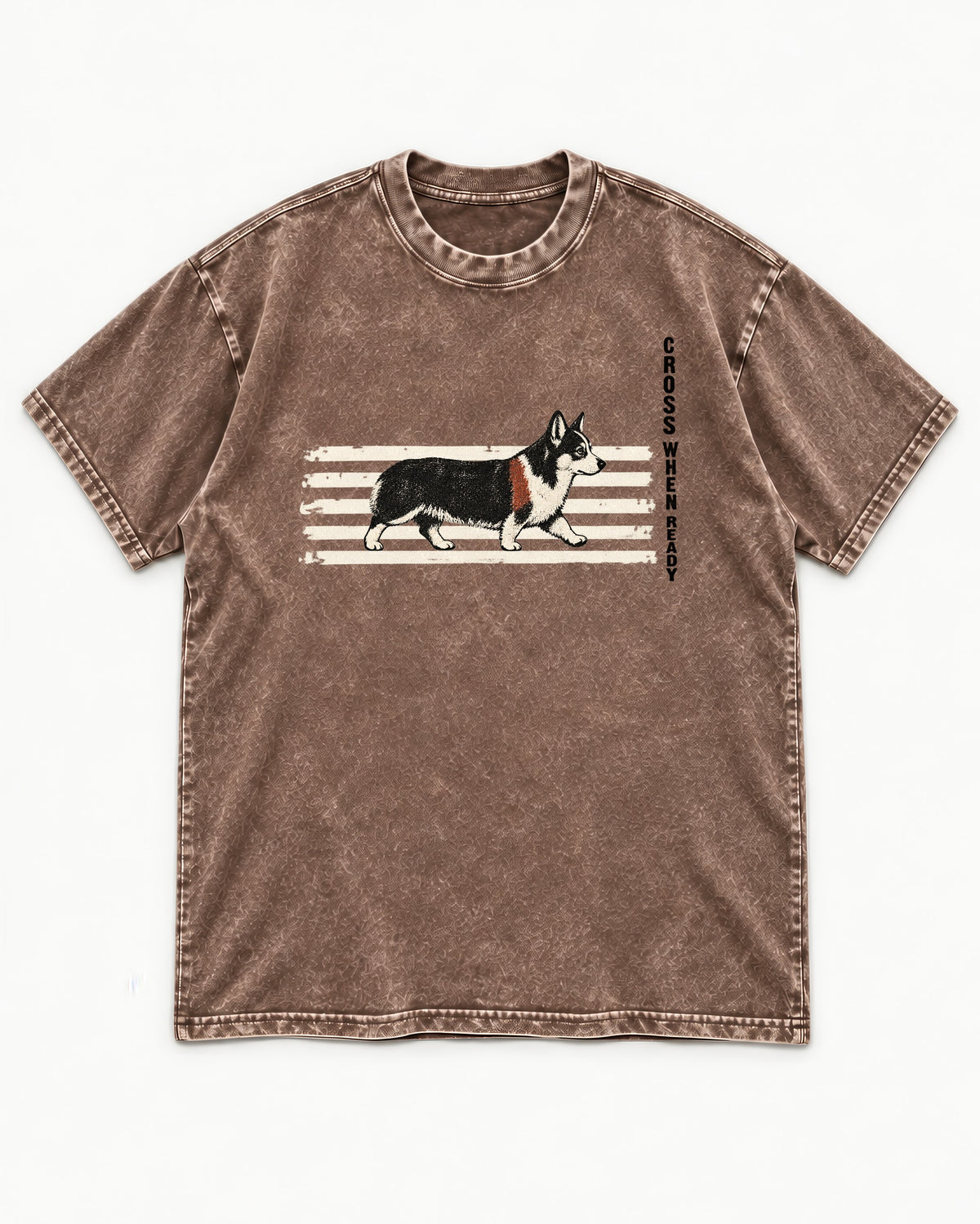 Corgi Cross When Ready Crossing Bars Graphic Washed Tee in Coffee, flat lay product photo