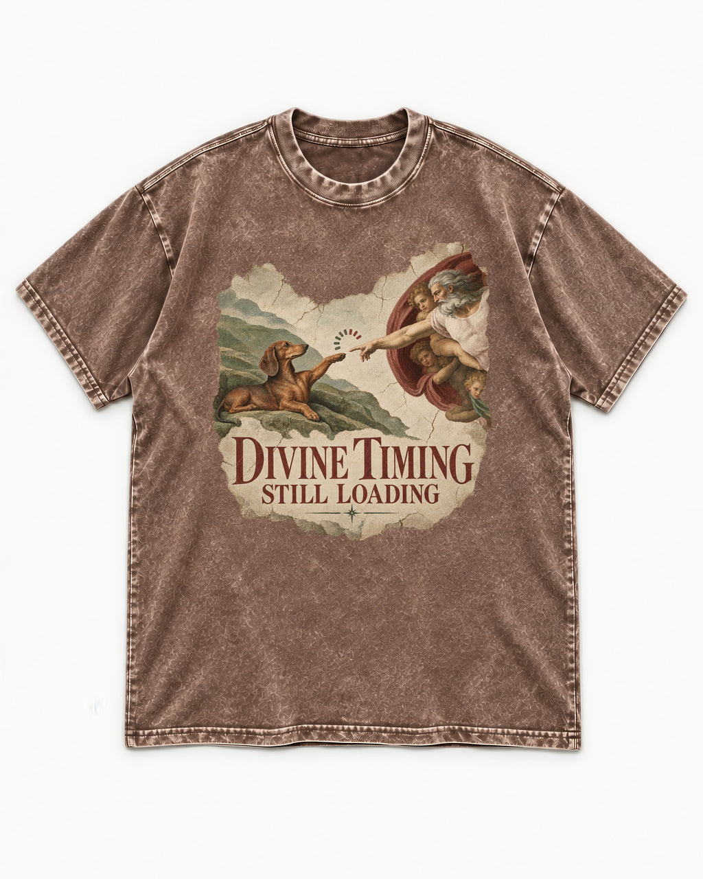 Dachshund's Divine Timing Washed Tee in Coffee, flat lay product photo