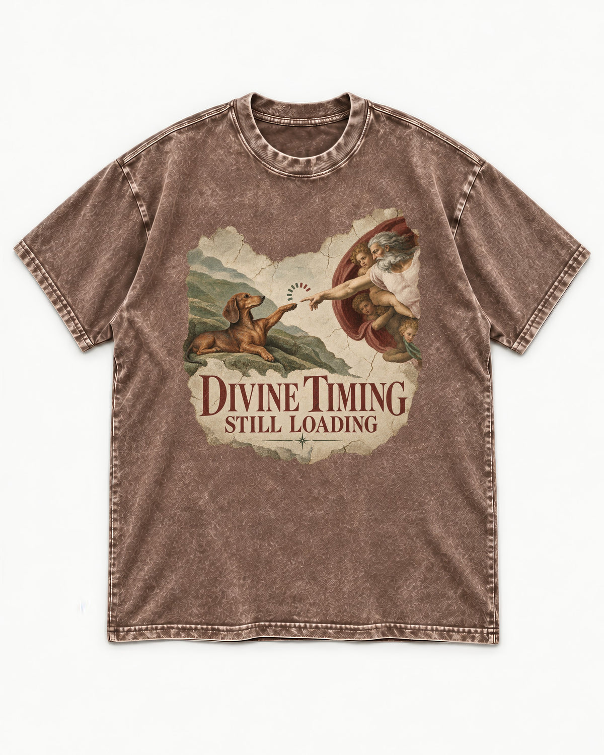 Dachshund's Divine Timing Washed Tee in Coffee, flat lay product photo