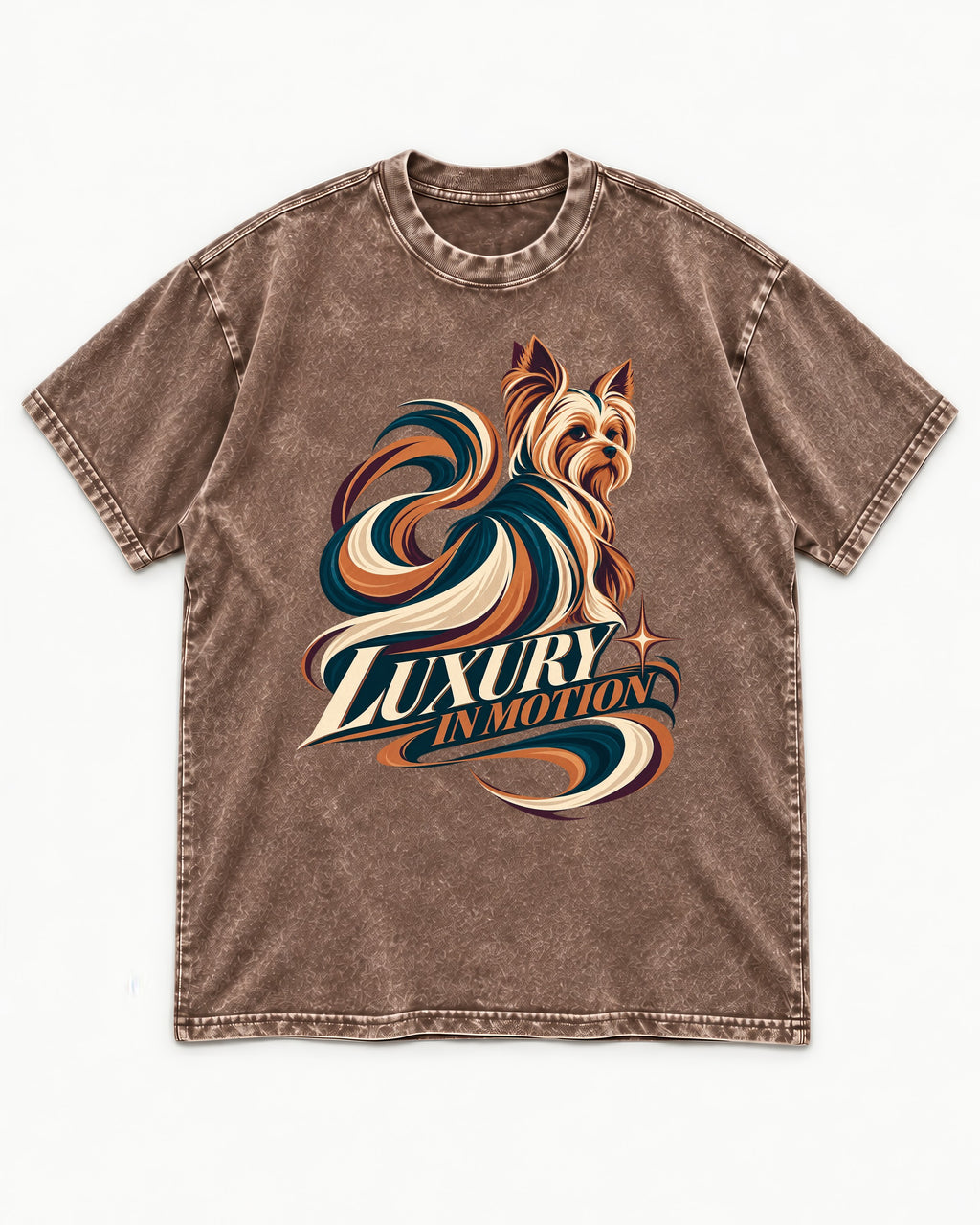 Yorkshire Terrier Luxury in Motion Washed Tee in Coffee, flat lay product photo