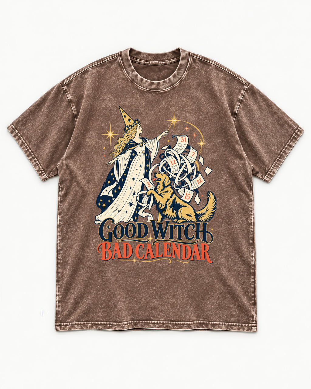 Good Witch Bad Calendar Golden Retriever Washed Tee in Coffee, flat lay product photo