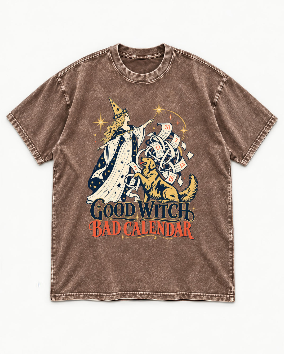 Good Witch Bad Calendar Golden Retriever Washed Tee in Coffee, flat lay product photo