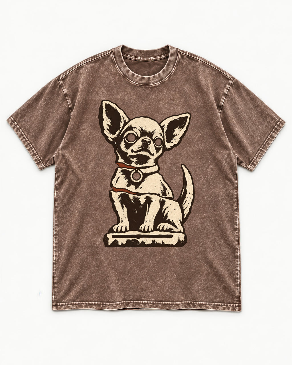 Chihuahua's Eternal Vigil Washed Tee in Coffee, flat lay product photo