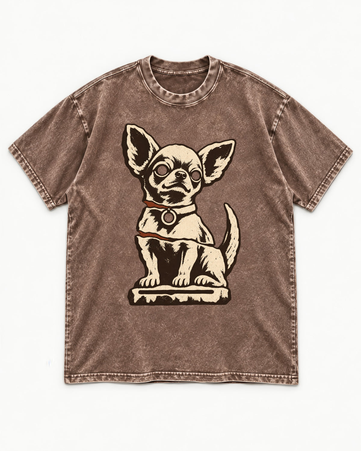 Chihuahua's Eternal Vigil Washed Tee in Coffee, flat lay product photo