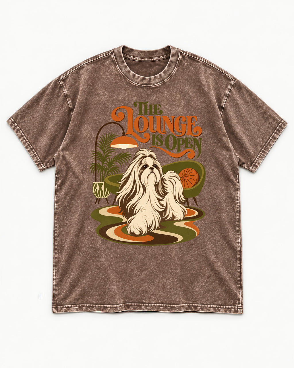 The Shih Tzu Lounge Is Open Washed Tee in Coffee, flat lay product photo