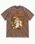 The Shih Tzu Lounge Is Open Washed Tee in Coffee, flat lay product photo