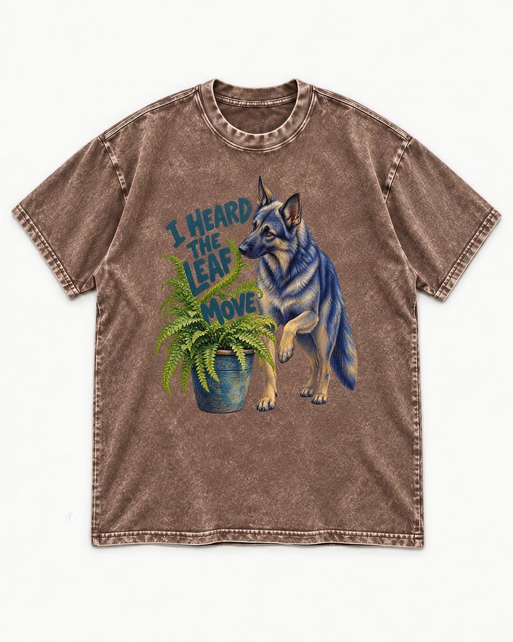 German Shepherd Dog Heard the Leaf Move Washed Tee in Coffee, flat lay product photo