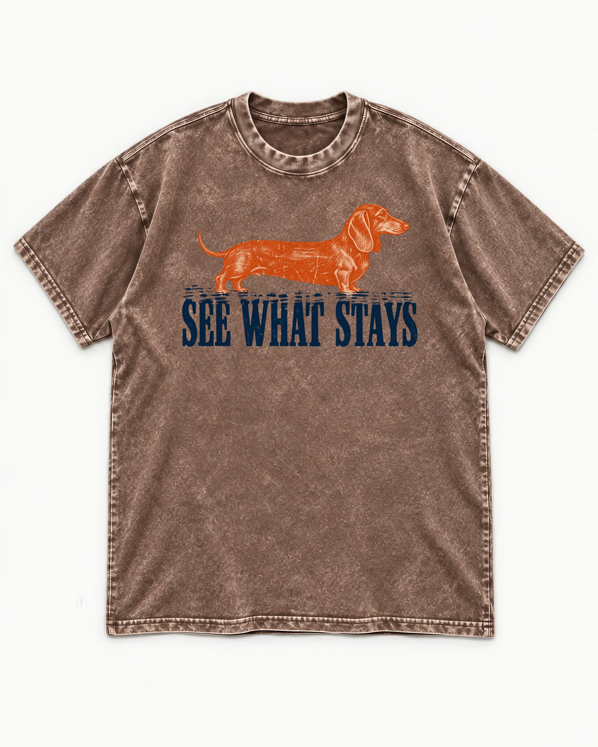 Dachshund See What Stays Washed Tee in Coffee, flat lay product photo
