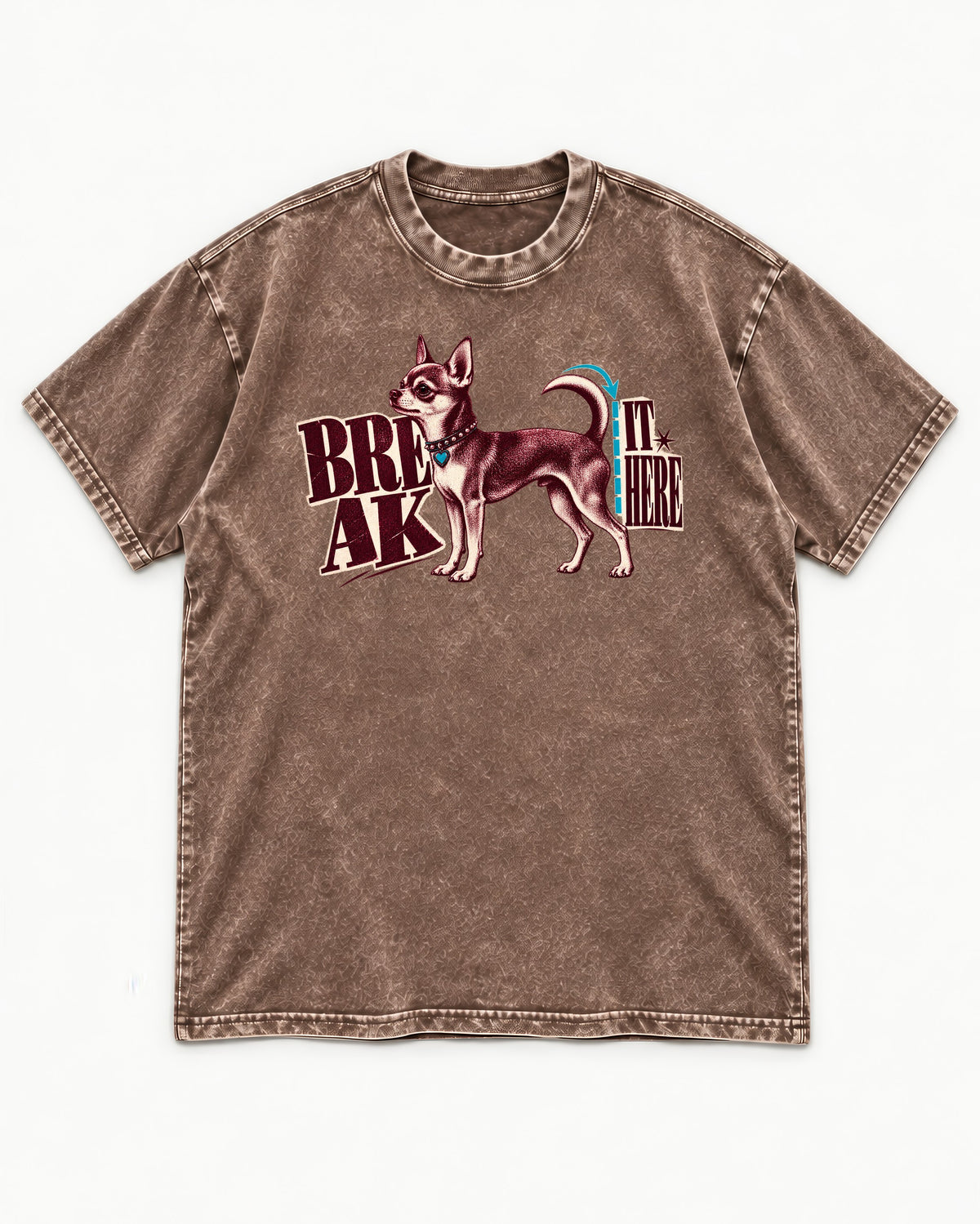 Chihuahua Break It Here Perforation Graphic Washed Tee in Coffee, flat lay product photo