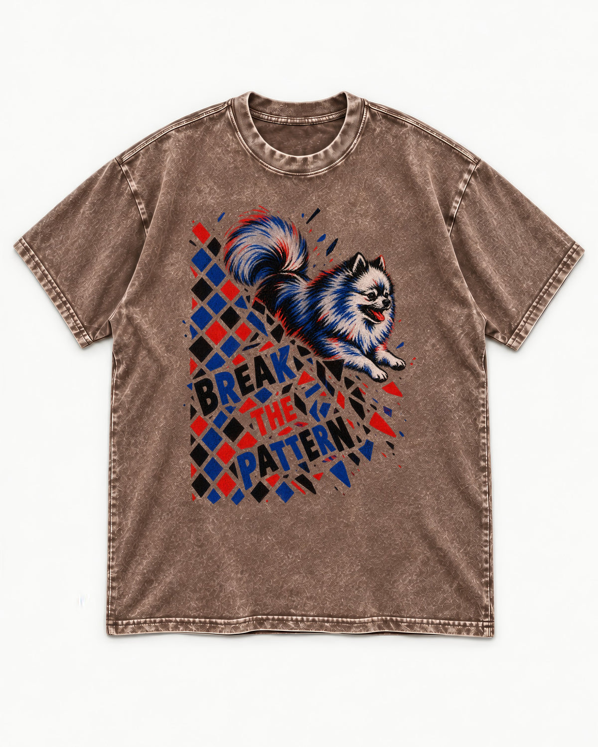 Pomeranian Break the Pattern Washed Tee in Coffee, flat lay product photo