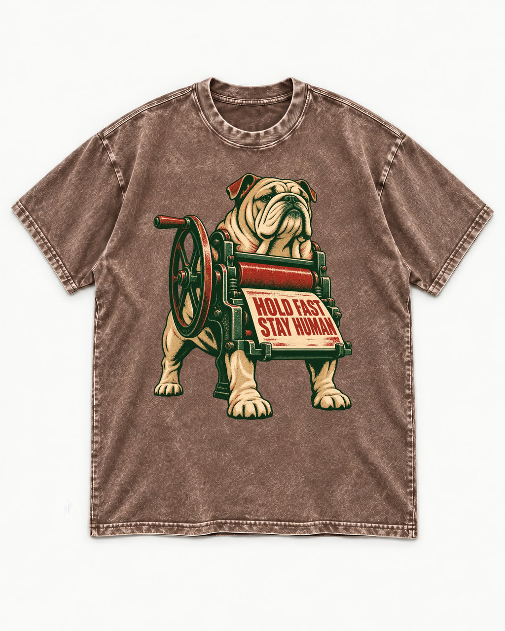 Hold Fast Stay Human English Bulldog Washed Tee in Coffee, flat lay product photo